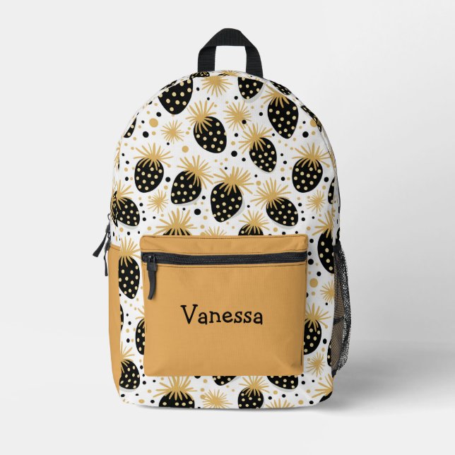 Sac À Dos Imprimé Motif fraise noir et or avec nom (Recto)