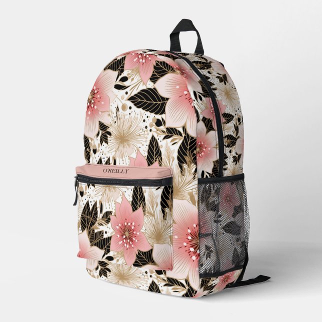 Sac À Dos Imprimé Motif moderne rose blanc Fleur noire (Coin arrière droit)