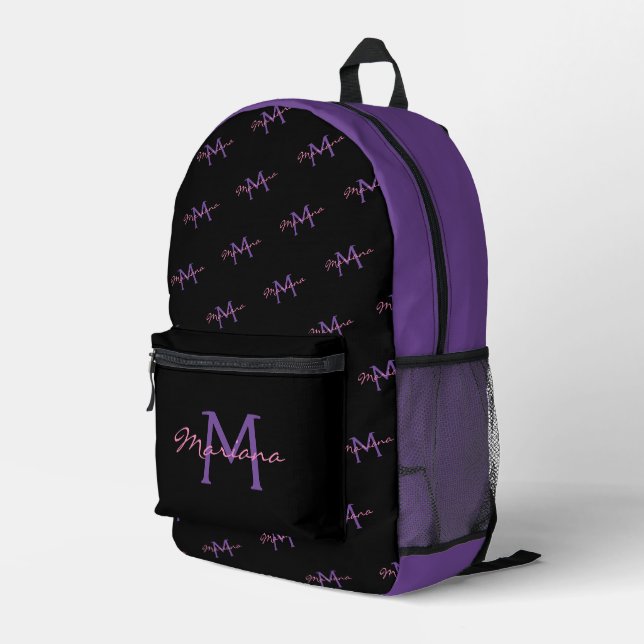 Sac À Dos Imprimé motif monogramme noir rose violet (Coin arrière droit)