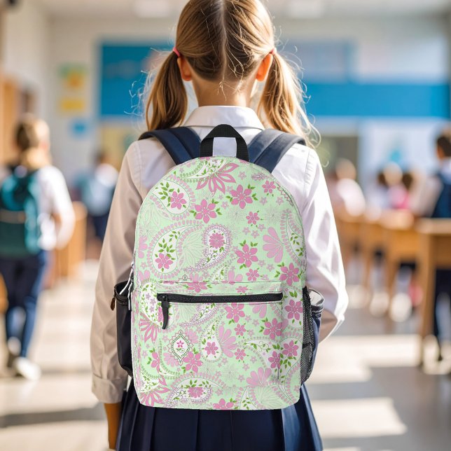 Sac À Dos Imprimé Motif Paisley Rose Mignon Chic (Pink and green paisley print pattern backpack.)