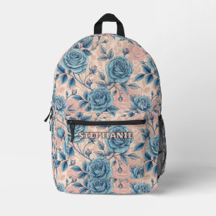 Sac À Dos Imprimé Motif Rose bleu rétro sur Arrière - plan rose doux