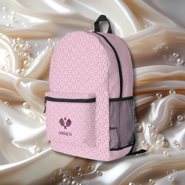 Sac À Dos Imprimé Motif rose et blanc Moderne Monogramme Pickleball (Créateur téléchargé)