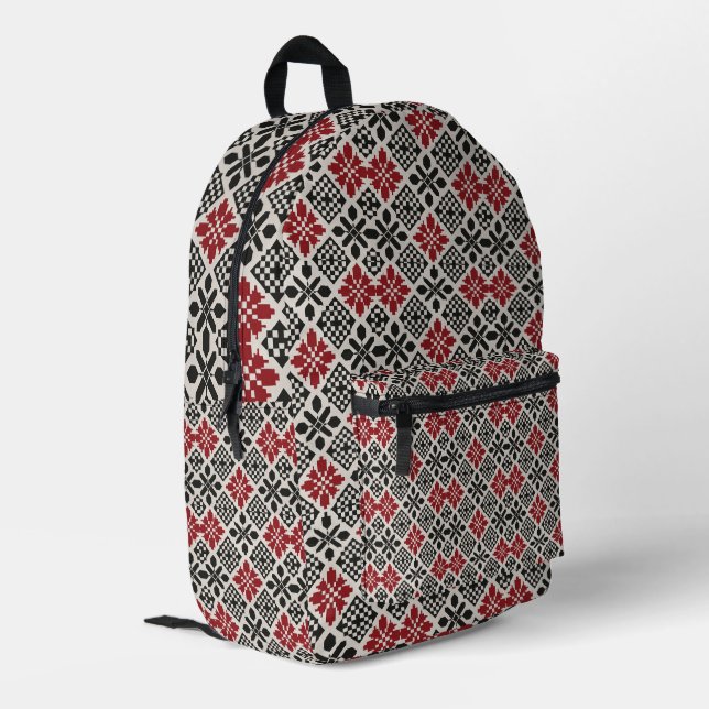 Sac À Dos Imprimé Motif rouge noir blanc géométrique folk (Coin arrière gauche)