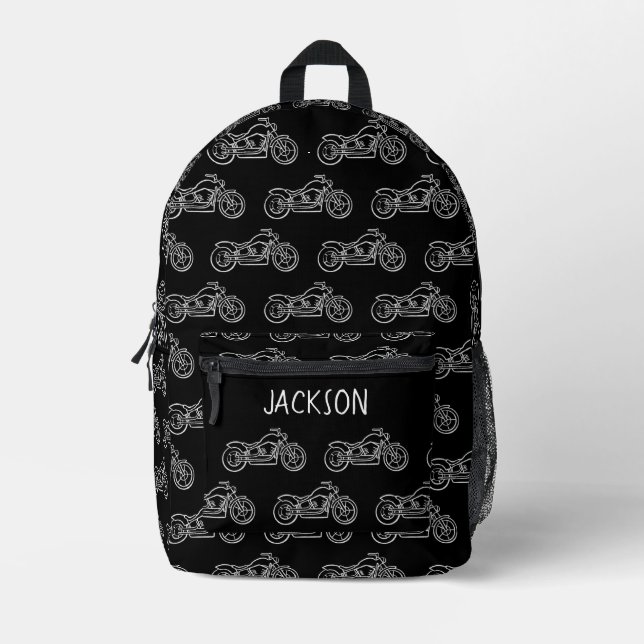 Sac À Dos Imprimé Motocyclette moto noir nom garçons école (Recto)