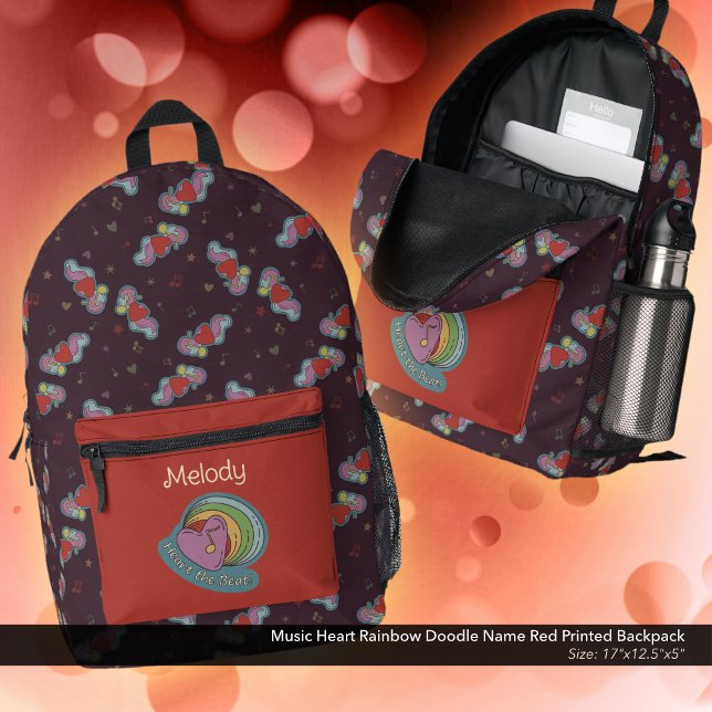 Sac À Dos Imprimé Music Heart Rainbow Doodle Nom Rouge (Heart the Beat Rainbow Doodle  Design Backpack: Personalized with Owner's Name - Red Accent Color)