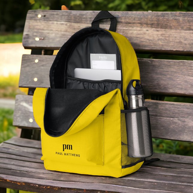 Sac À Dos Imprimé Mustard Jaune Simple Nom minimal et Monogramme (Personalize with your initials and name.)