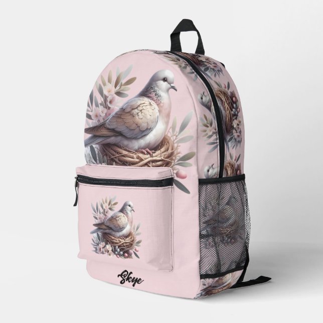 Sac À Dos Imprimé Nid de colombe rose avec fleurs et branches d'oliv (Coin arrière droit)