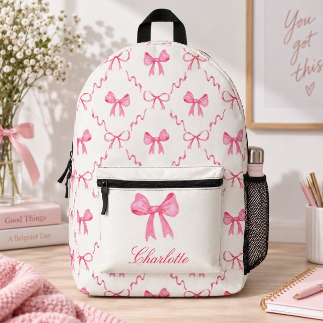 Sac À Dos Imprimé Nœud Rose Coquette (cute girly pink coquette bow backpack with custom name monogram in script calligraphy for girls)
