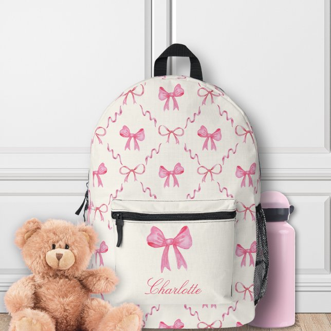 Sac À Dos Imprimé Nœud Rose Coquette (cute sweet pink coquette bows backpack with custom name in girly script for girls for back to school)