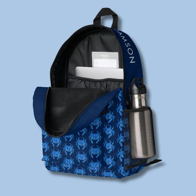 Sac À Dos Imprimé Nom de motif de crabe bleu (Blue crab crustacean pattern back back.  Personalize with your own name or choice of text.)