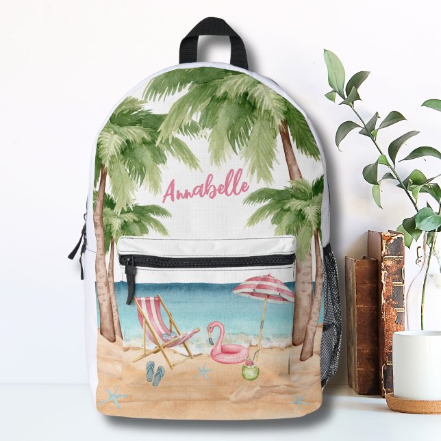 Sac À Dos Imprimé Nom de plage Tropical Filles (Colorful Cute Girly Tropical Watercolor Beach Printed Backpack)