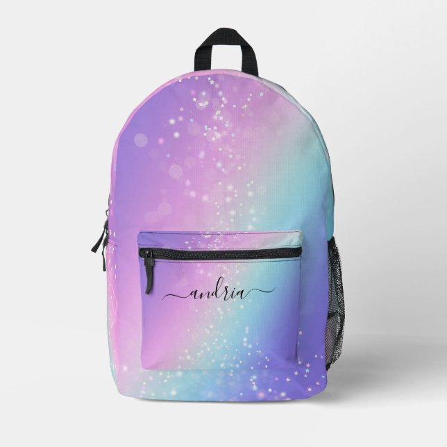 Sac À Dos Imprimé Nom de script noir, Stars Bokeh violet & bleu (Recto)