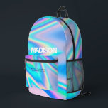 Sac À Dos Imprimé Nom de vague holographique arc-en-ciel personnalis<br><div class="desc">Créez votre propre sac à dos avec ce modèle cool. Un accessoire unique et tendance qui allie personnalisation et technologie de pointe. Le sac est doté d'un design holographique d'onde arc-en-ciel, le rendant attrayant et visuellement attrayant. Le nom du propriétaire est imprimé sur le sac à dos, ajoutant une touche...</div>