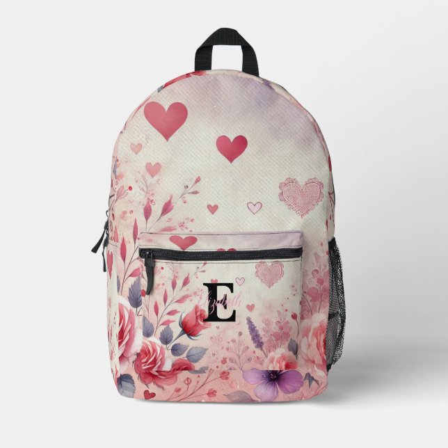 Sac À Dos Imprimé Nom du monogramme Coeurs de Valentine aquarelle fl (Recto)