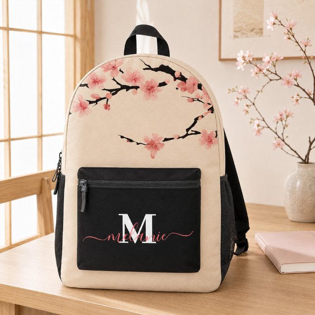 Sac À Dos Imprimé Nom du monogramme personnalisé Fleurs de cerisier  (Japanese Cherry Blossoms Custom Monogram Name Printed Backpack)