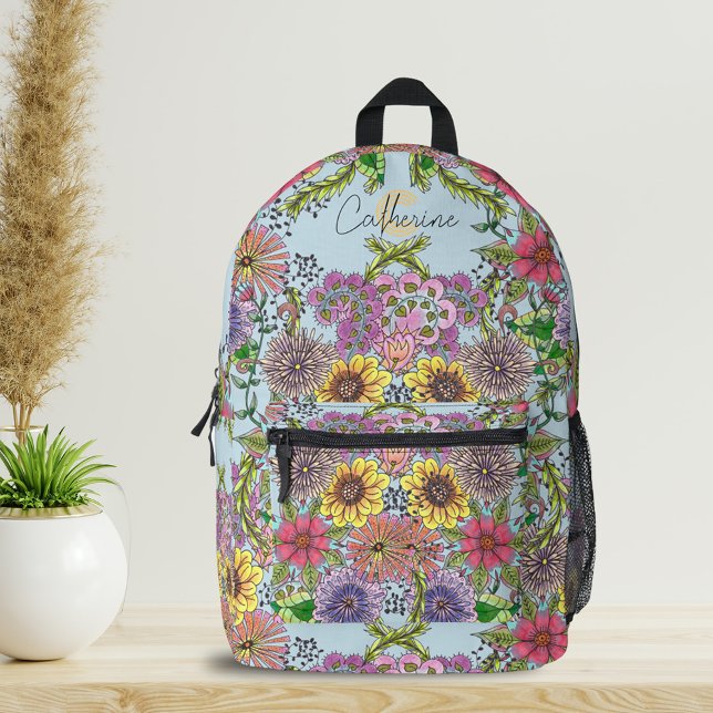 Sac À Dos Imprimé Nom et initiale de l'art floral à main vibrant (Créateur téléchargé)