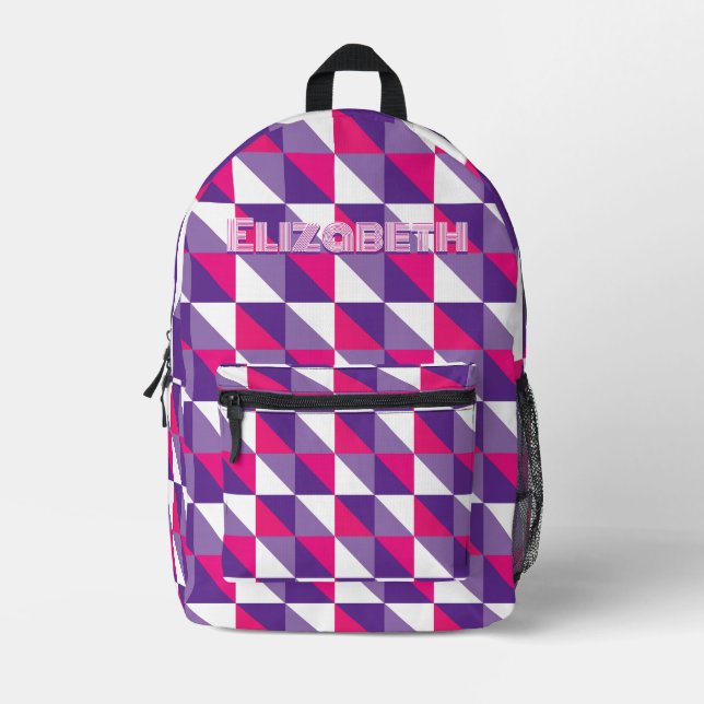 Sac À Dos Imprimé Nom Géométrique Abstrait Rétro Rose Violet & Blanc (Recto)