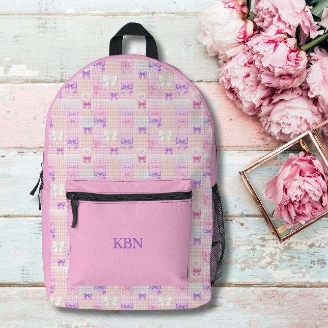 Sac À Dos Imprimé Nom Monogramme Gingham Coquette Rubans Rose Filles (Pink yellow purple Gingham and coquette bows, lace and pearls monogram name initials backpack girls)