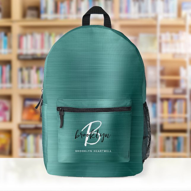 Sac À Dos Imprimé Nom Monogramme Métal Brossé Sarcelle Noir Blanc (Créateur téléchargé)