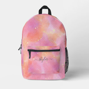 Sac À Dos Imprimé Nom personnalisé Aquarelle arc-en-ciel filles rose