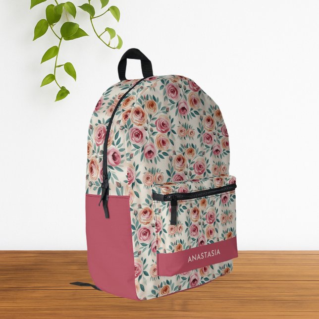 Sac À Dos Imprimé Nom personnalisé Aquarelle Élégante Florale (Cute Elegant Pink Watercolor Floral Backpack)