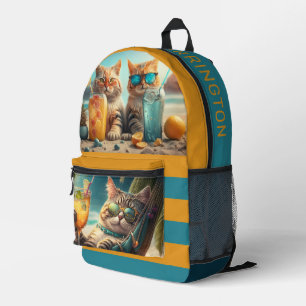 Sac À Dos Imprimé Nom personnalisé Chats de vacances tropicaux