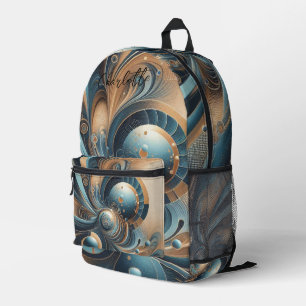 Sac À Dos Imprimé Nom personnalisé Moderne Fractal Bleu Or Chic