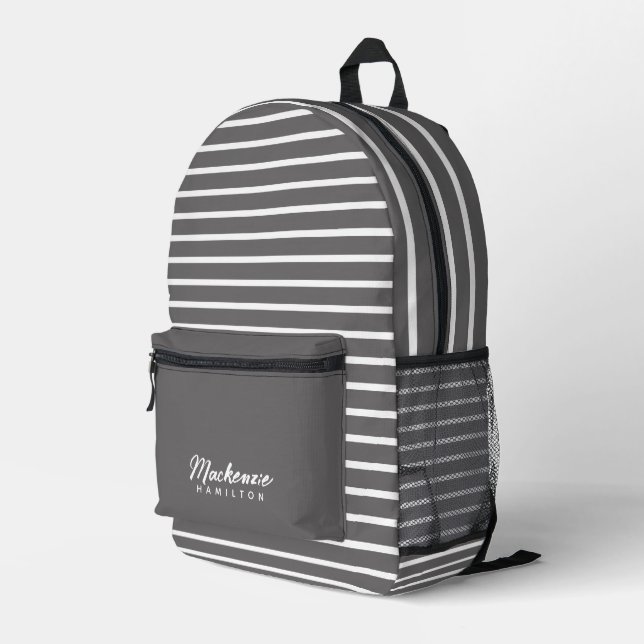 Sac À Dos Imprimé Nom personnalisé moderne Gris rayé (Coin arrière droit)