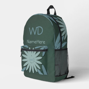 Sac À Dos Imprimé Nom personnalisé Monogramme Vert Bleu Fleurs