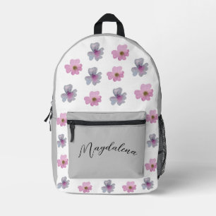 SAC À DOS IMPRIMÉ NOM PERSONNALISÉ MOTIF ÉLÉGANT ROSE ET FLEURS GRIS