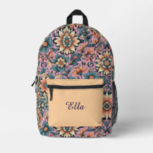 Sac À Dos Imprimé Nom personnalisé Pêche et bleu boho filles florale