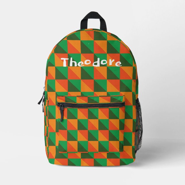 Sac À Dos Imprimé Orange et Vert Rétro Géométrique Abstrait Nom (Recto)