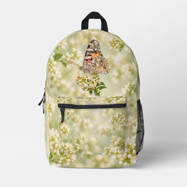 Sac À Dos Imprimé Papillon Belle Dame sur des fleurs blanches (Recto)