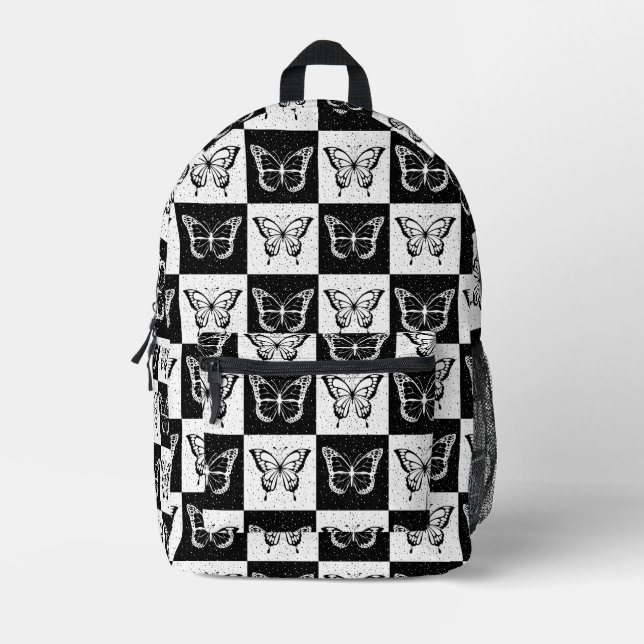 Sac À Dos Imprimé Papillon blanc noir À damiers bloc (Recto)