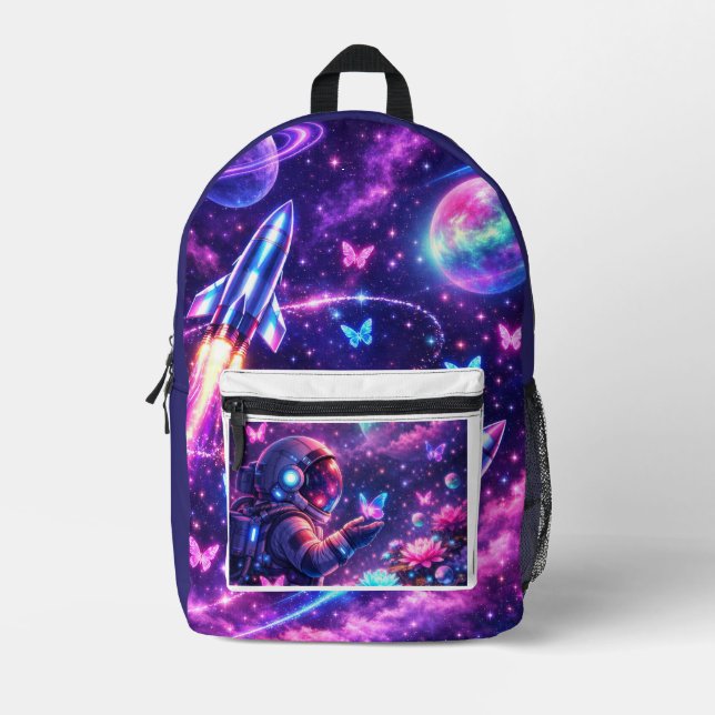 Sac À Dos Imprimé Papillon Galactique Nébuleux d'Art Spatial Néon (Recto)