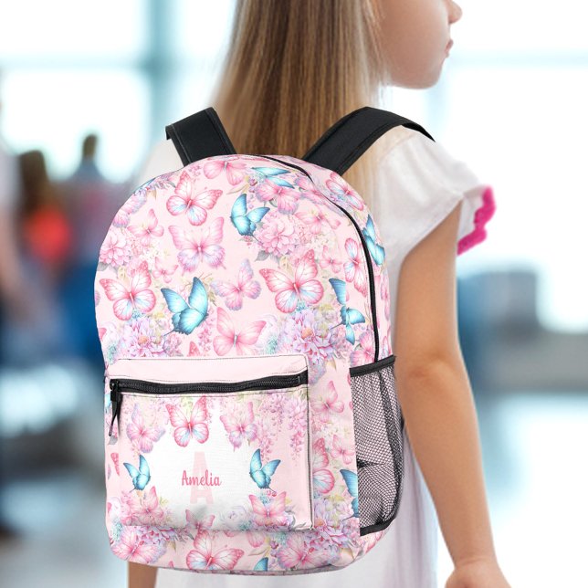 Sac À Dos Imprimé Papillon rose violet pastel Nom floral Fille (Butterfly Pink Purple Pastel Floral Name Girl Printed Backpack)
