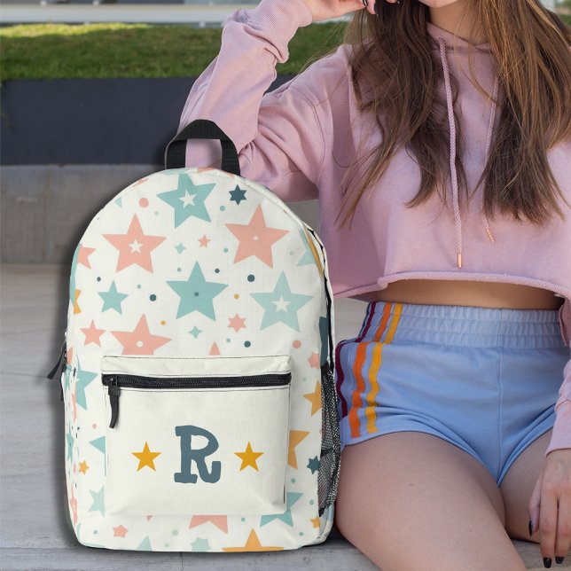 Sac À Dos Imprimé Pastel Star Motif Monogramme personnalisé (Pastel Star Pattern Personalized Monogram Printed Backpack)
