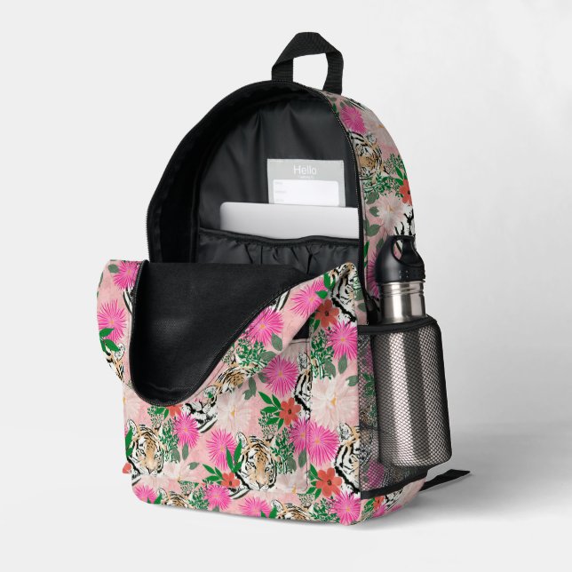 Sac À Dos Imprimé Peinture florale de tigre rose blanc joli (Coin arrière droit (ouvert))