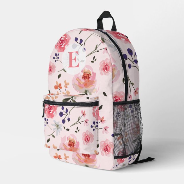 Sac À Dos Imprimé Peonies roses Aquarelles Monogramme floral (Coin arrière droit)