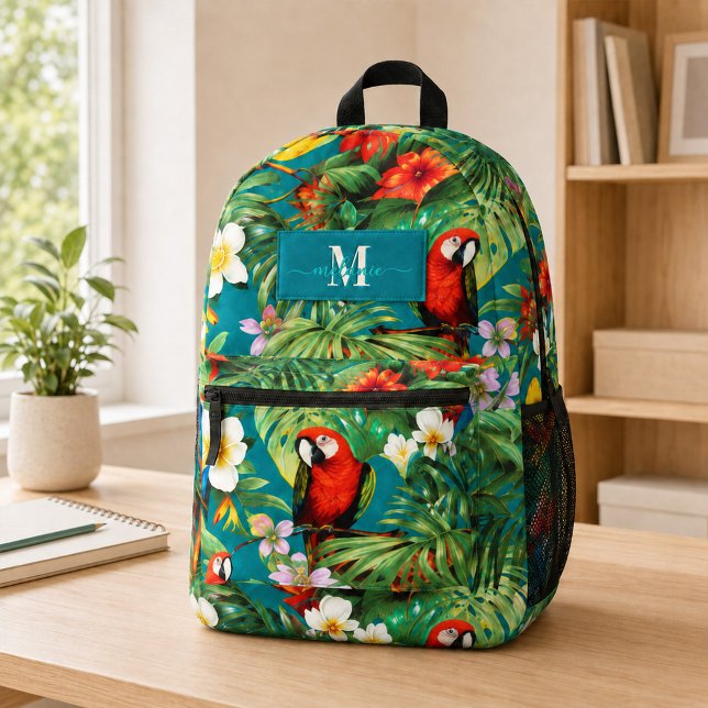 Sac À Dos Imprimé Perruches Tropicales et Fleurs Monogramme Nom Pers (Tropical Birds and Flowers Custom Monogram Name Printed Backpack)