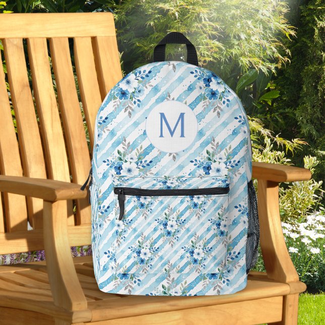 Sac À Dos Imprimé Personalized Blue Floral Travel Aesthetic (A monogrammed backpack in fresh blue, white and sage green, with floral striped pattern)