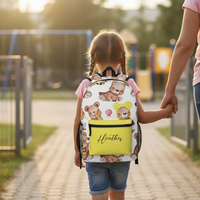Sac À Dos Imprimé Personalized Cute Teddy Bear Bees & Honey Pattern  (Créateur téléchargé)