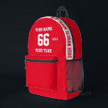 Sac À Dos Imprimé Personnalisé blanc Nom, Numéro, Sport d'équipe<br><div class="desc">Créez votre propre sac à dos imprimé style football sport rouge blanc personnalisé avec le nom, le numéro, le nom de l'équipe, le slogan et l'année. Personnalisez ce simple modèle de sac à dos imprimé classique avec votre message personnalisé, nom, nom d'équipe et année. Personnalisez-le facilement pour un sport cool....</div>