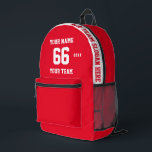 Sac À Dos Imprimé Personnalisé blanc Nom, Numéro, Sport d'équipe<br><div class="desc">Créez votre propre sac à dos imprimé style football sport rouge blanc personnalisé avec le nom, le numéro, le nom de l'équipe, le slogan et l'année. Personnalisez ce simple modèle de sac à dos imprimé classique avec votre message personnalisé, nom, nom d'équipe et année. Personnalisez-le facilement pour un sport cool....</div>