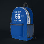 Sac À Dos Imprimé Personnalisé blanc Nom, Numéro, Sport d'équipe<br><div class="desc">Créez votre propre sac à dos imprimé style football sport bleu blanc personnalisé avec le nom, le numéro, le nom de l'équipe, le slogan et l'année. Personnalisez ce simple modèle de sac à dos imprimé classique avec votre message personnalisé, nom, nom d'équipe et année. Personnalisez-le facilement pour un sport cool....</div>