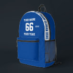 Sac À Dos Imprimé Personnalisé blanc Nom, Numéro, Sport d'équipe<br><div class="desc">Créez votre propre sac à dos imprimé style football sport bleu blanc personnalisé avec le nom, le numéro, le nom de l'équipe, le slogan et l'année. Personnalisez ce simple modèle de sac à dos imprimé classique avec votre message personnalisé, nom, nom d'équipe et année. Personnalisez-le facilement pour un sport cool....</div>