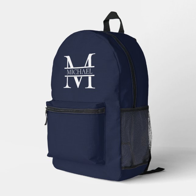 Sac À Dos Imprimé Personnalisé Elegant Navy Blue Monogramme et nom (Coin arrière droit)