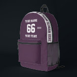 Sac À Dos Imprimé Personnalisé grimace violet Nom, Numéro, Sport d'é<br><div class="desc">Créez votre propre sac à dos imprimé couleur violet et blanc de grimace Sport Football Style avec le nom, le numéro, le nom de l'équipe, le slogan et l'année. Personnalisez ce simple modèle de sac à dos imprimé classique avec votre message personnalisé, nom, nom d'équipe et année. Personnalisez-le facilement pour...</div>