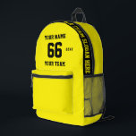 Sac À Dos Imprimé Personnalisé jaune noir Nom, Numéro, Sport d'équip<br><div class="desc">Créez votre propre sac à dos imprimé de style football sport noir jaune personnalisé avec le nom, le numéro, le nom de l'équipe, le slogan et l'année. Personnalisez ce simple modèle de sac à dos imprimé classique avec votre message personnalisé, nom, nom d'équipe et année. Personnalisez-le facilement pour un sport...</div>