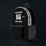 Sac À Dos Imprimé Personnalisé noir et blanc Nom, Numéro, Team Sport<br><div class="desc">Créez votre propre sac à dos imprimé style football sport noir et blanc personnalisé avec nom, numéro, nom d'équipe, slogan et année. Personnalisez ce simple modèle de sac à dos imprimé classique avec votre message personnalisé, nom, nom d'équipe et année. Personnalisez-le facilement pour un sport cool. Créez votre cadeau personnalisé...</div>